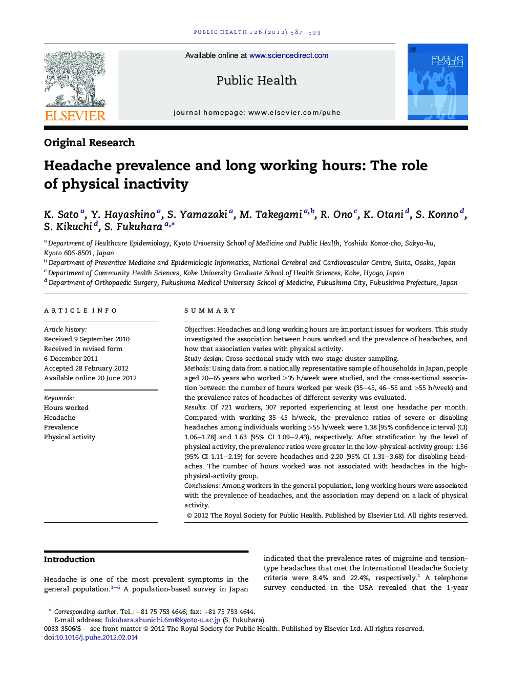Headache prevalence and long working hours: The role of physical inactivity