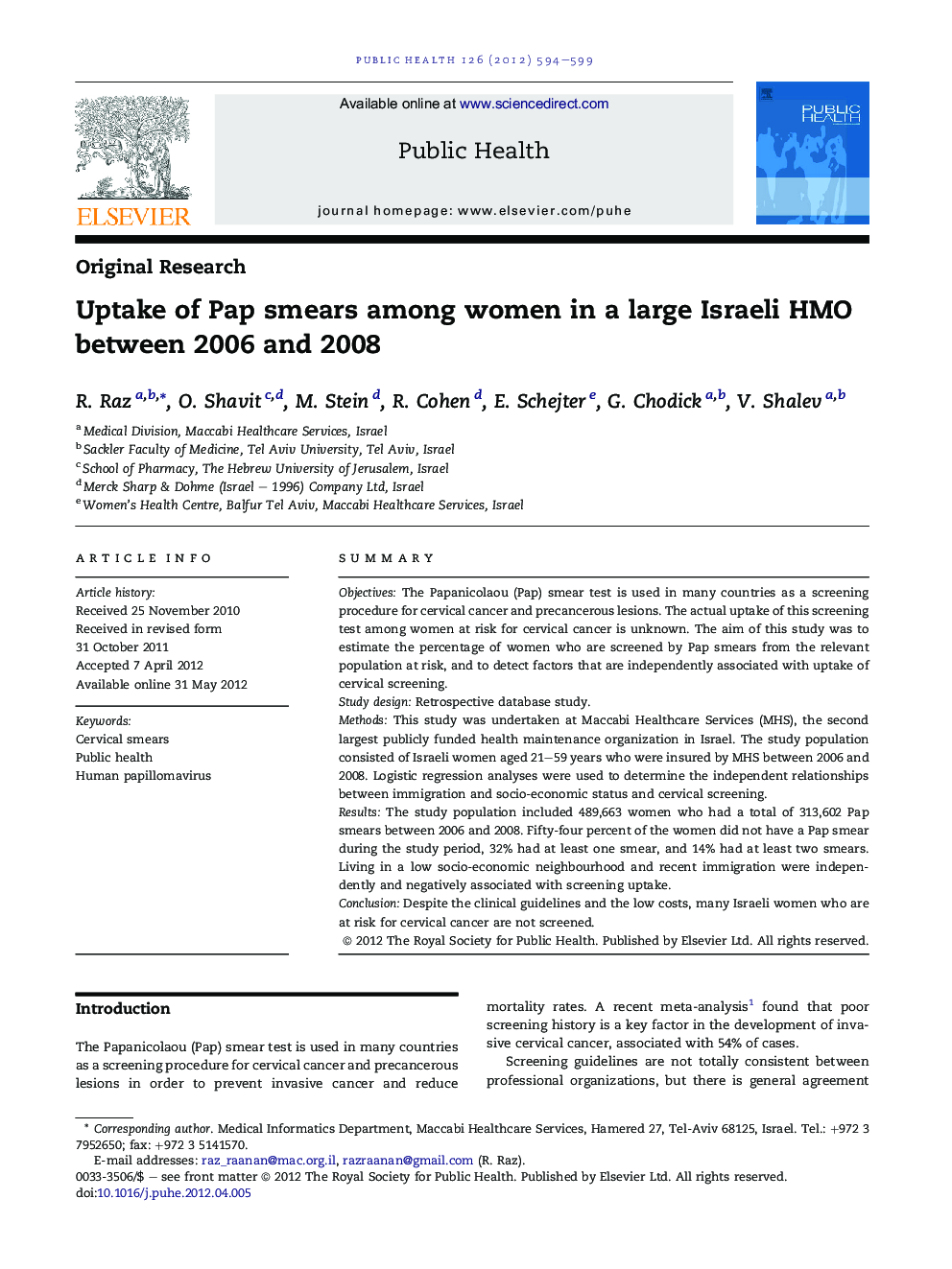 Uptake of Pap smears among women in a large Israeli HMO between 2006 and 2008