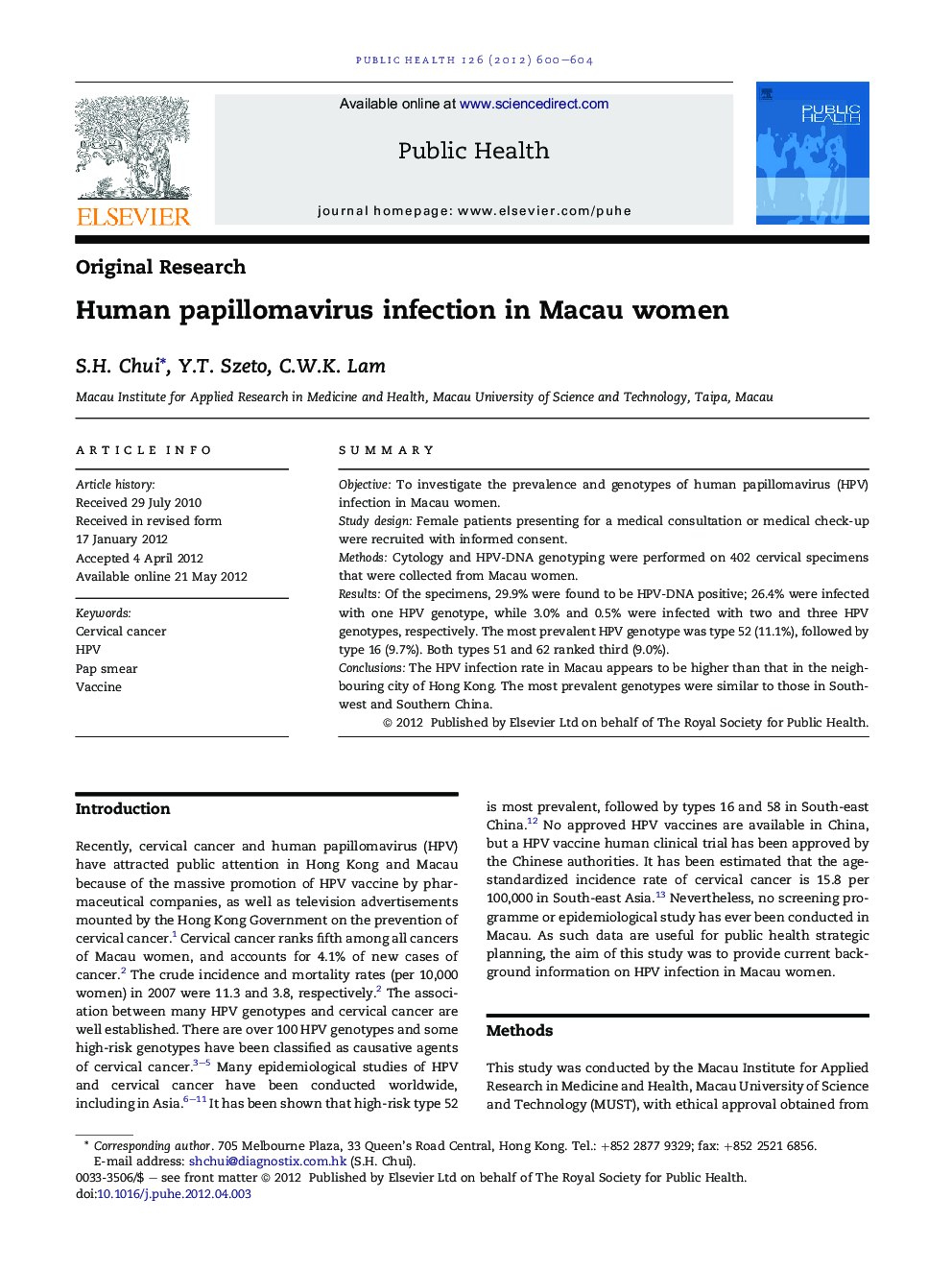 Human papillomavirus infection in Macau women