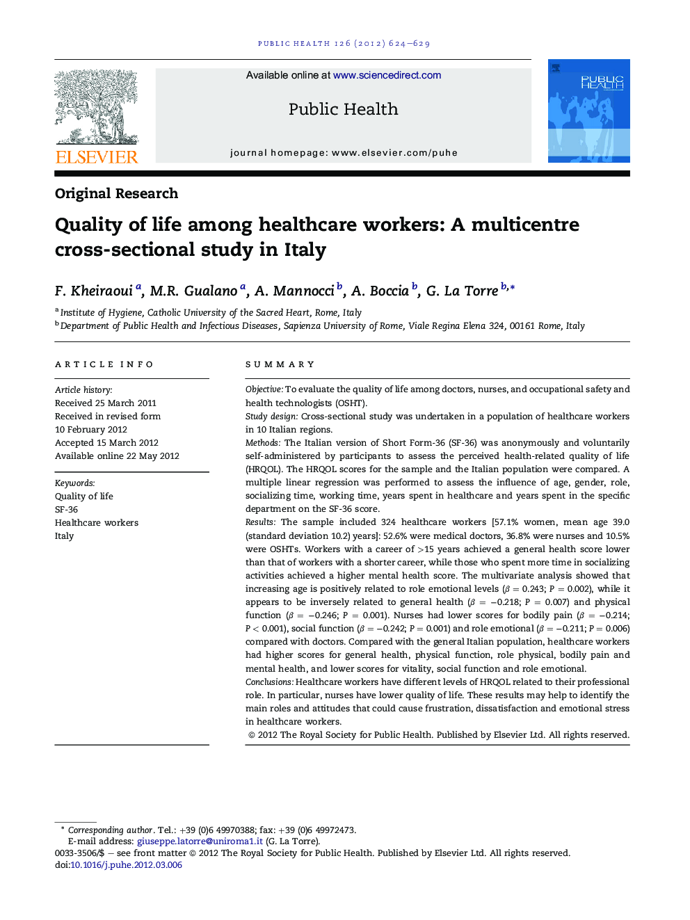 Quality of life among healthcare workers: A multicentre cross-sectional study in Italy