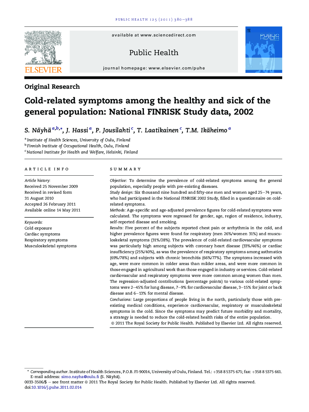 Cold-related symptoms among the healthy and sick of the general population: National FINRISK Study data, 2002