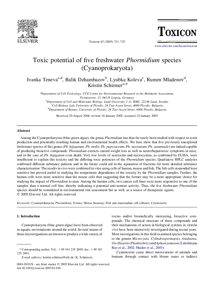 Toxic potential of five freshwater Phormidium species (Cyanoprokaryota)