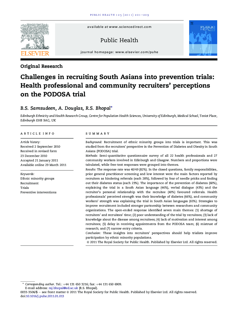 Challenges in recruiting South Asians into prevention trials: Health professional and community recruiters’ perceptions on the PODOSA trial
