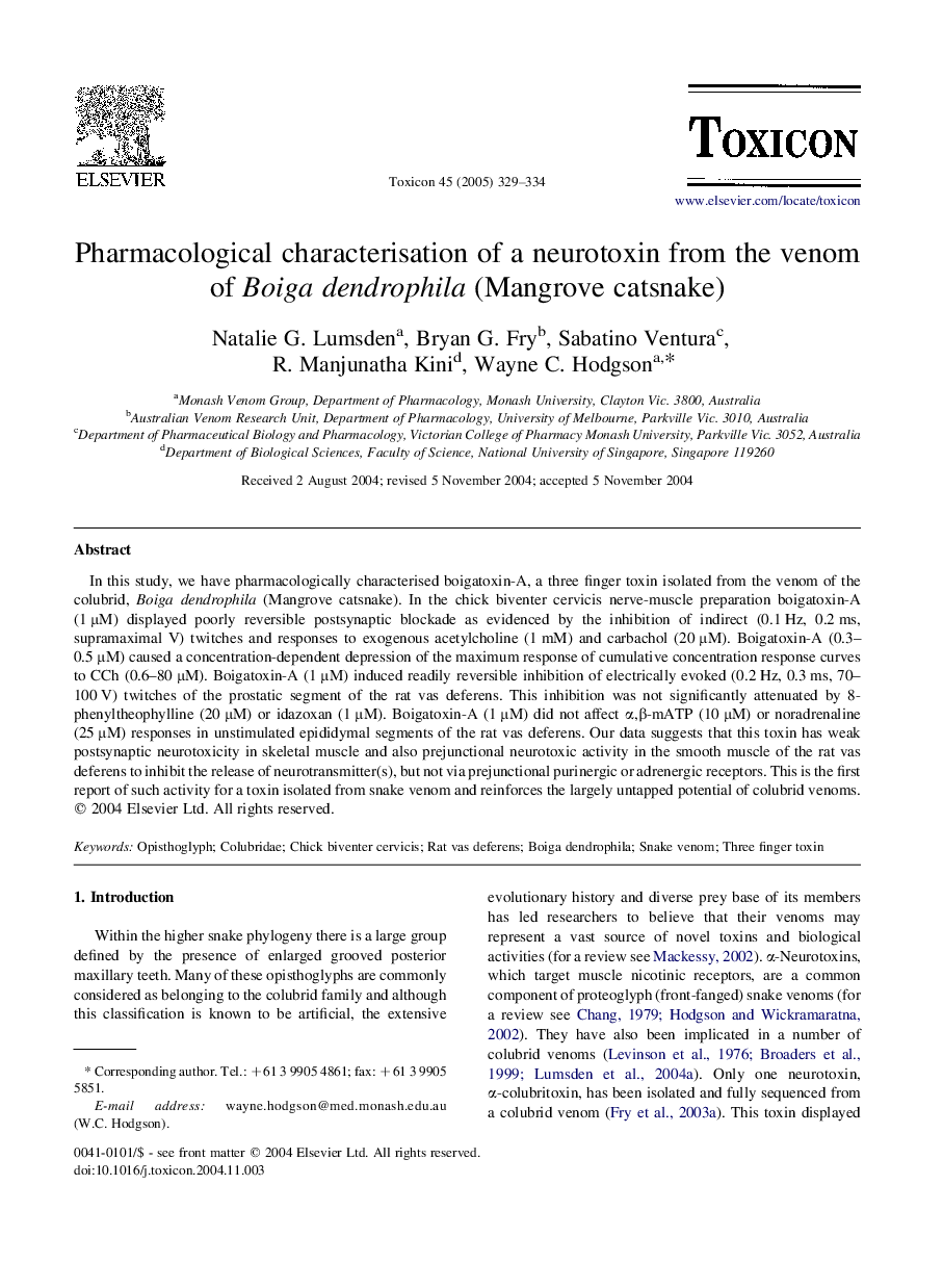 Pharmacological characterisation of a neurotoxin from the venom of Boiga dendrophila (Mangrove catsnake)