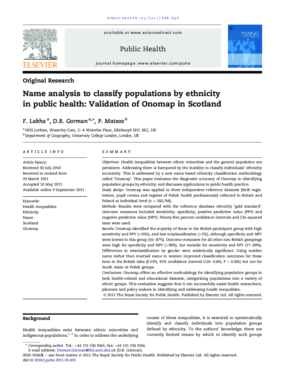 Name analysis to classify populations by ethnicity in public health: Validation of Onomap in Scotland