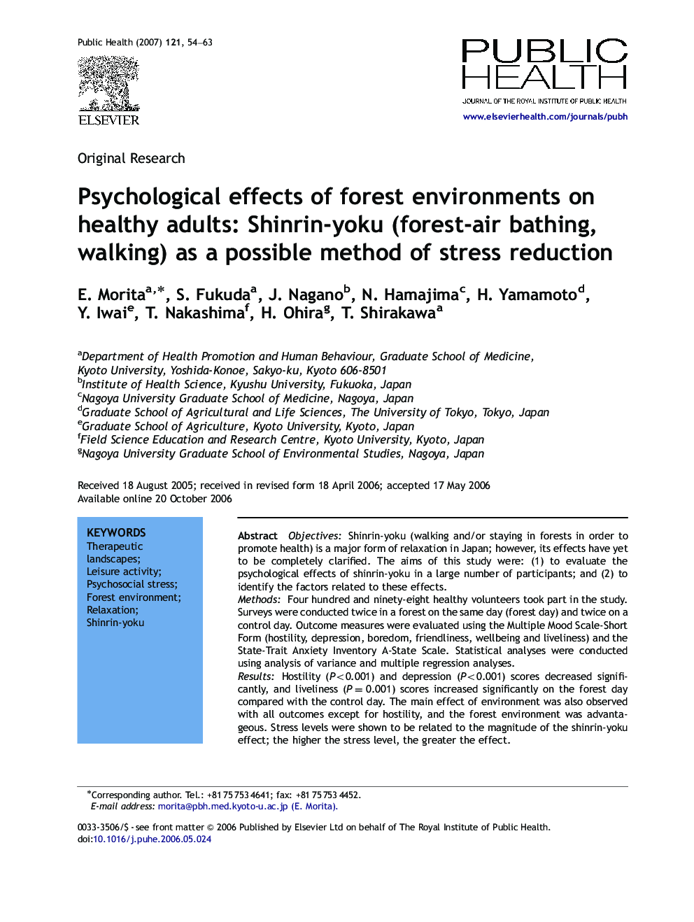 Psychological effects of forest environments on healthy adults: Shinrin-yoku (forest-air bathing, walking) as a possible method of stress reduction