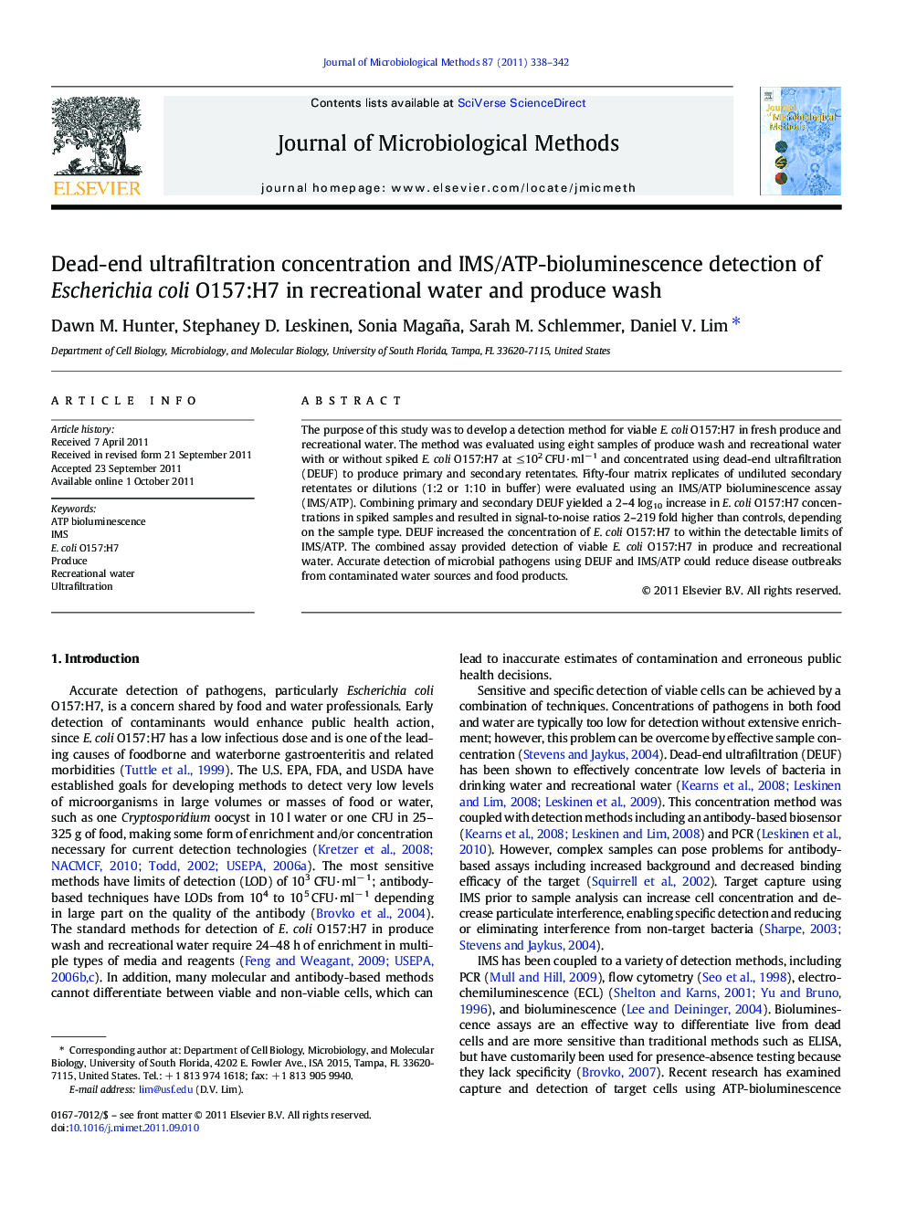 Dead-end ultrafiltration concentration and IMS/ATP-bioluminescence detection of Escherichia coli O157:H7 in recreational water and produce wash