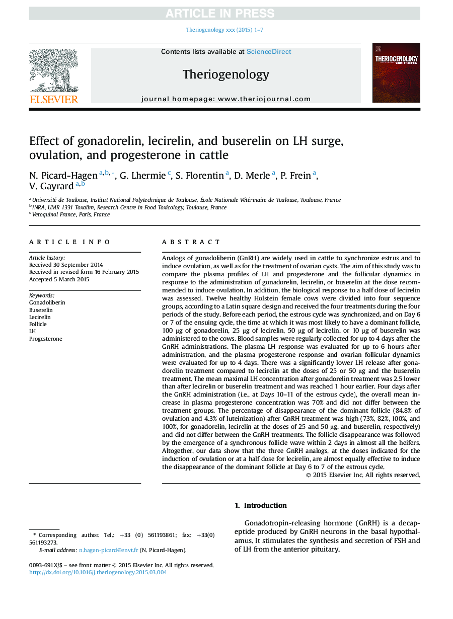 Effect of gonadorelin, lecirelin, and buserelin on LH surge, ovulation, and progesterone in cattle