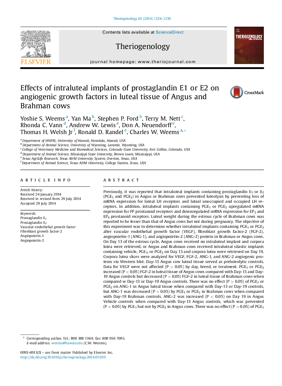 Effects of intraluteal implants of prostaglandin E1 or E2 on angiogenic growth factors in luteal tissue of Angus and Brahman cows