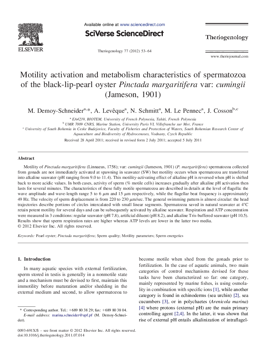Motility activation and metabolism characteristics of spermatozoa of the black-lip-pearl oyster Pinctada margaritifera var: cumingii (Jameson, 1901)