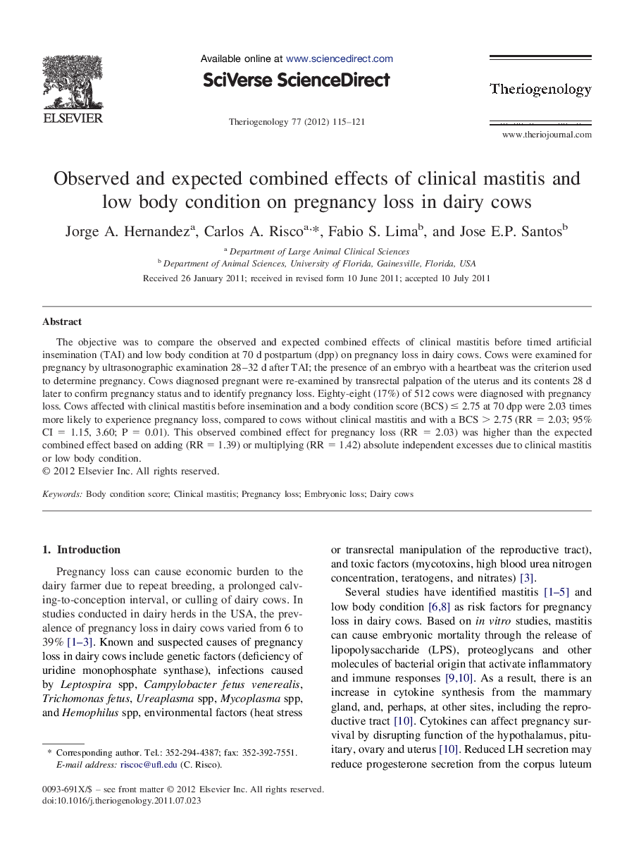 Observed and expected combined effects of clinical mastitis and low body condition on pregnancy loss in dairy cows