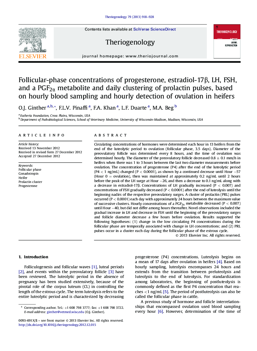 Follicular-phase concentrations of progesterone, estradiol-17Î², LH, FSH, and a PGF2Î± metabolite and daily clustering of prolactin pulses, based on hourly blood sampling and hourly detection of ovulation in heifers