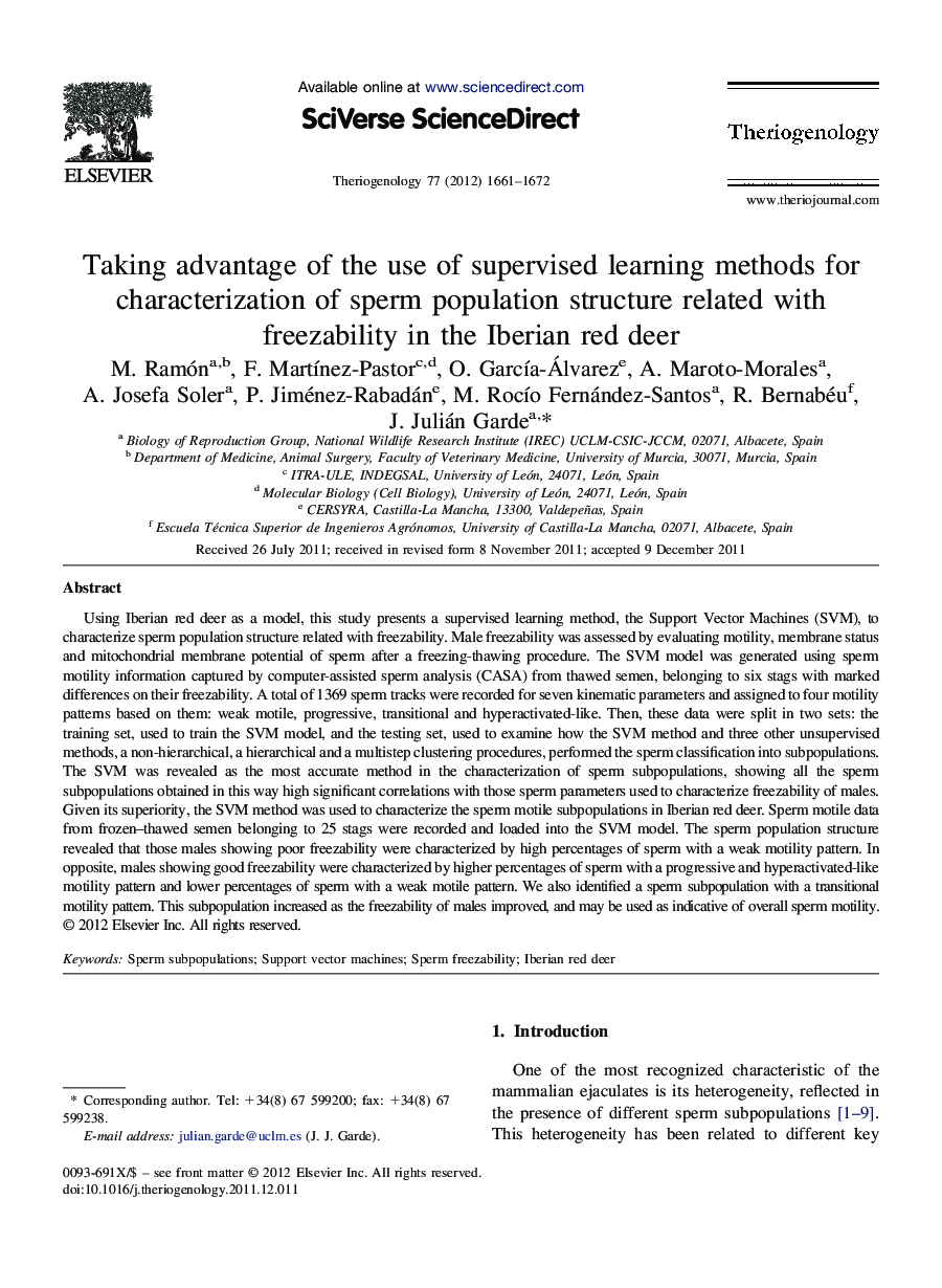 Taking advantage of the use of supervised learning methods for characterization of sperm population structure related with freezability in the Iberian red deer