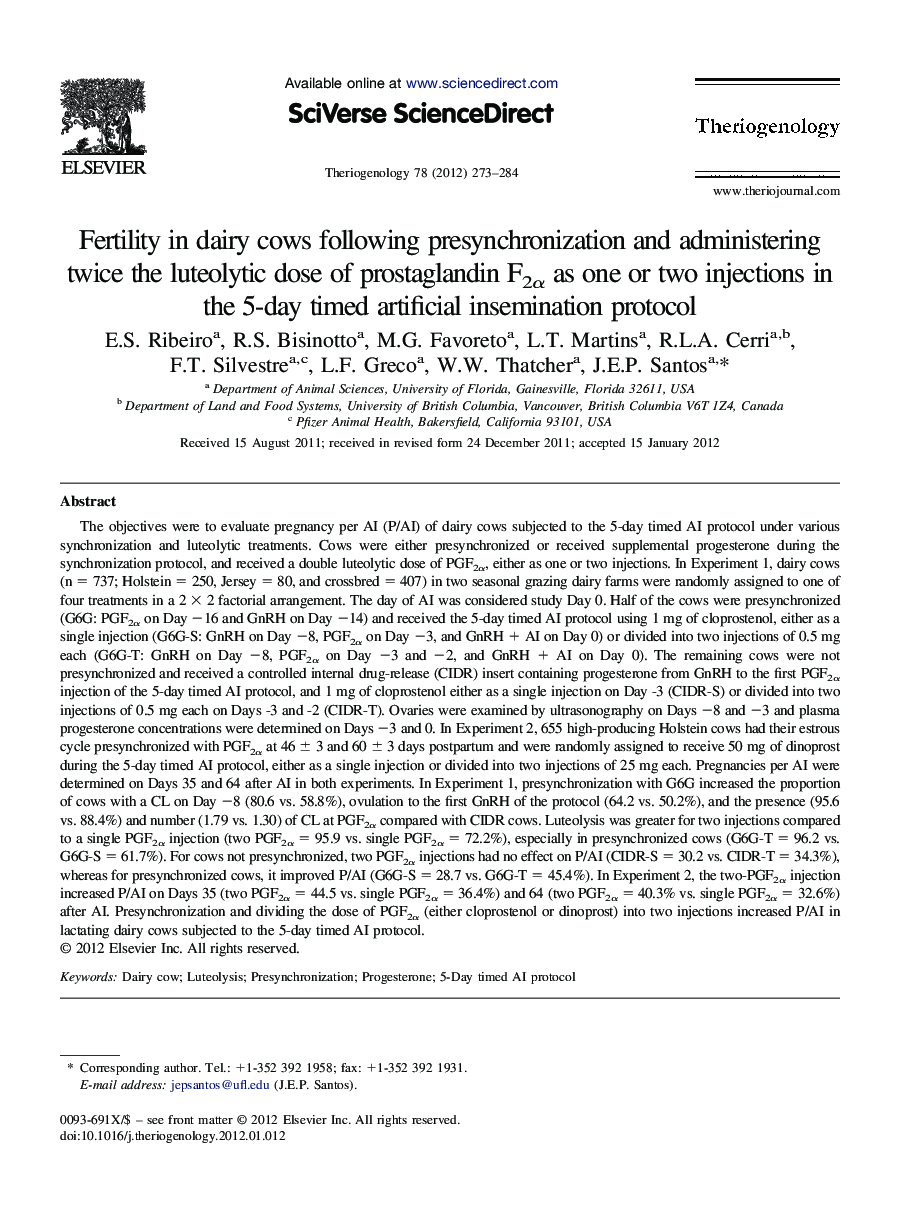 Fertility in dairy cows following presynchronization and administering twice the luteolytic dose of prostaglandin F2Î± as one or two injections in the 5-day timed artificial insemination protocol