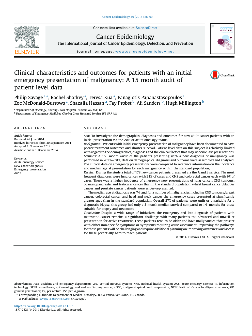 ویژگی های بالینی و نتایج بیماران با ارائه اورژانس اولیه بدخیمی: یک حسابرسی 15 ماهه از اطلاعات بیمار 