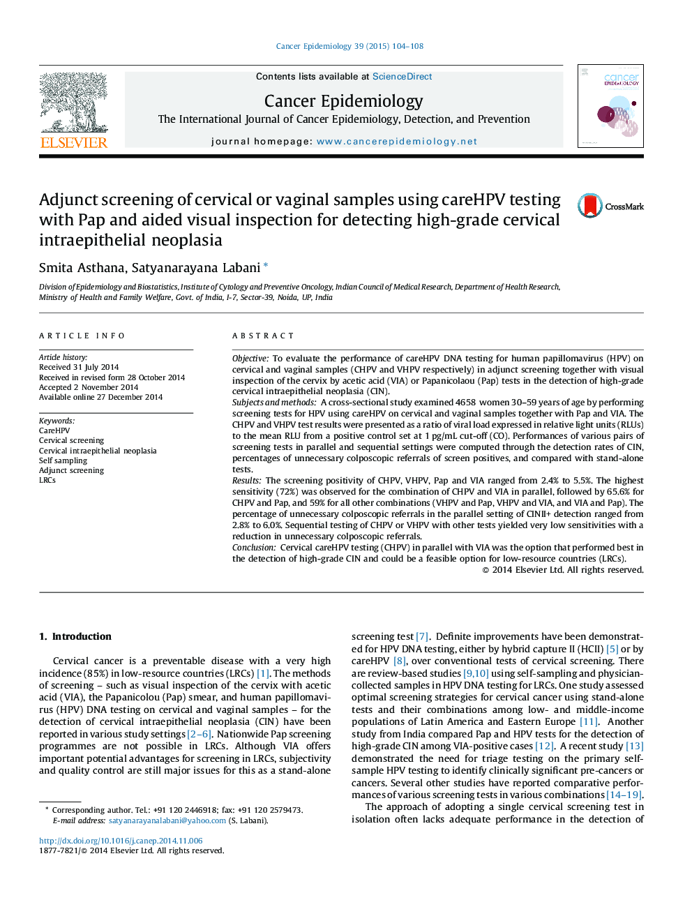 Adjunct screening of cervical or vaginal samples using careHPV testing with Pap and aided visual inspection for detecting high-grade cervical intraepithelial neoplasia