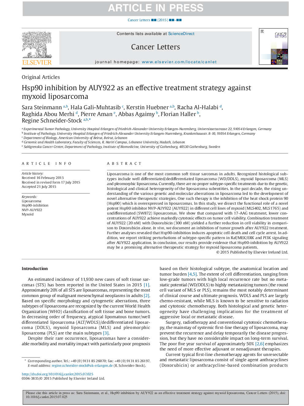 Hsp90 inhibition by AUY922 as an effective treatment strategy against myxoid liposarcoma