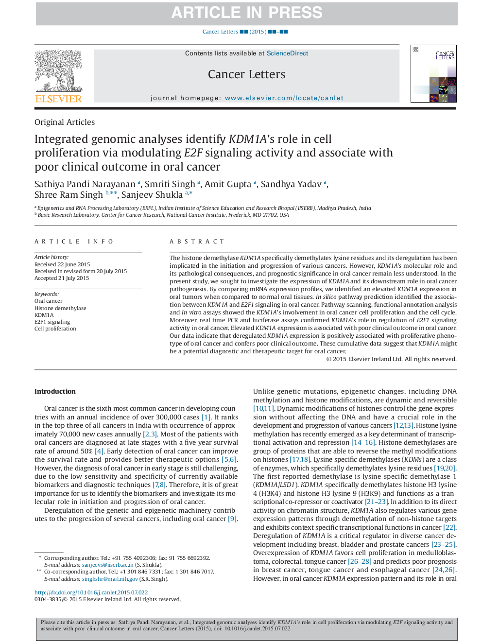 Integrated genomic analyses identify KDM1A's role in cell proliferation via modulating E2F signaling activity and associate with poor clinical outcome in oral cancer