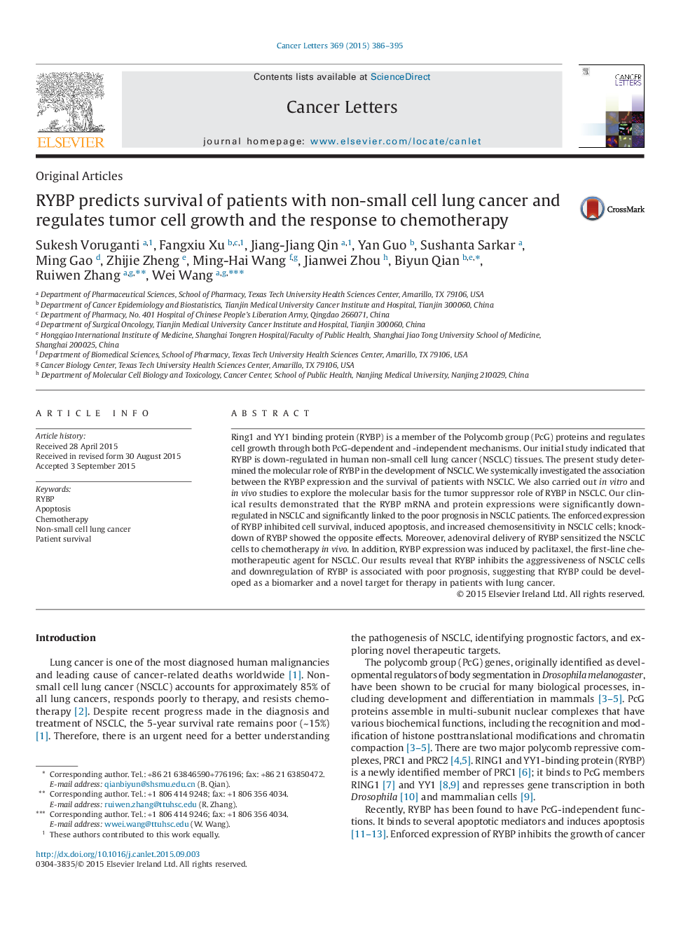 RYBP predicts survival of patients with non-small cell lung cancer and regulates tumor cell growth and the response to chemotherapy