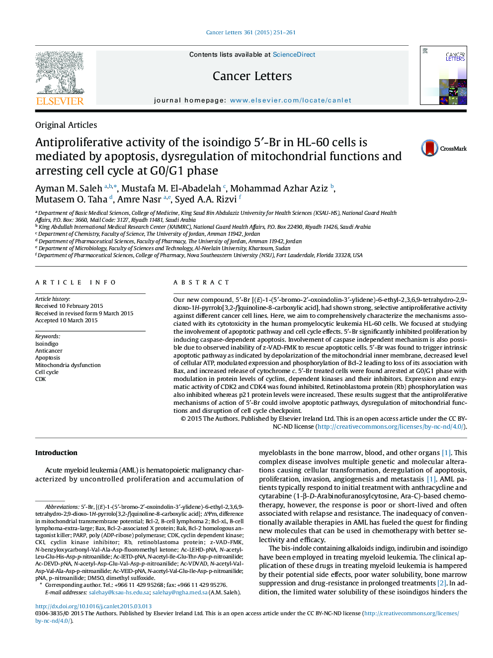 Antiproliferative activity of the isoindigo 5â²-Br in HL-60 cells is mediated by apoptosis, dysregulation of mitochondrial functions and arresting cell cycle at G0/G1 phase