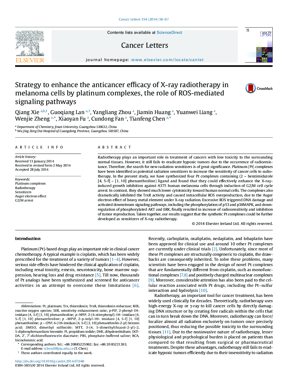 Strategy to enhance the anticancer efficacy of X-ray radiotherapy in melanoma cells by platinum complexes, the role of ROS-mediated signaling pathways