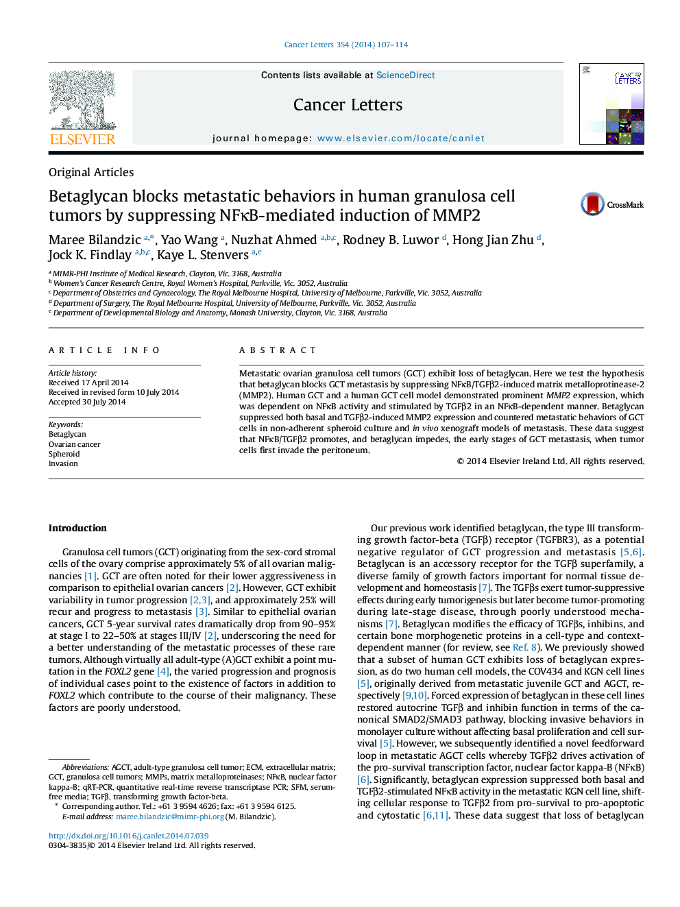 Betaglycan blocks metastatic behaviors in human granulosa cell tumors by suppressing NFÎºB-mediated induction of MMP2