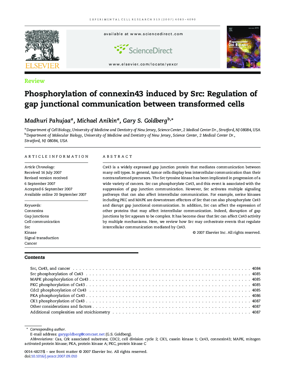 Phosphorylation of connexin43 induced by Src: Regulation of gap junctional communication between transformed cells