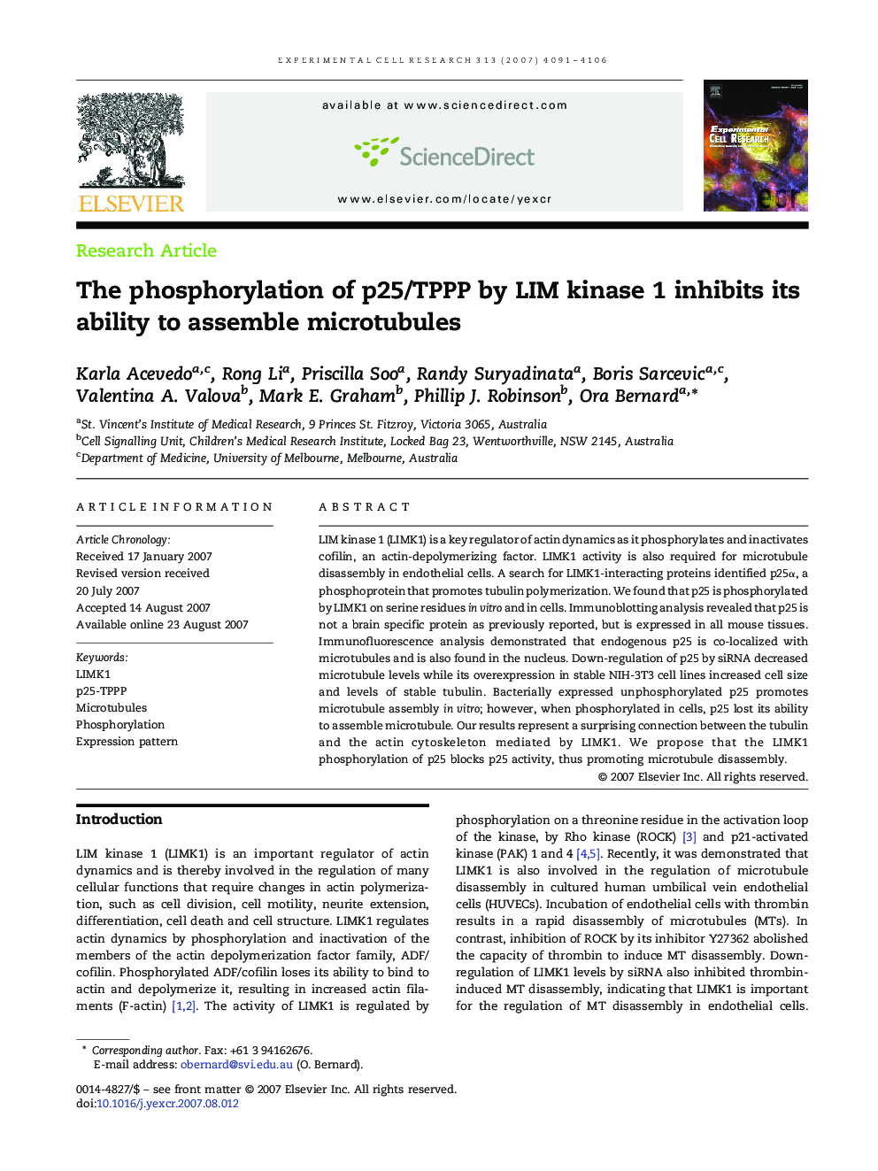 The phosphorylation of p25/TPPP by LIM kinase 1 inhibits its ability to assemble microtubules