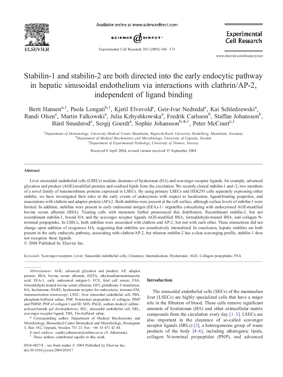 Stabilin-1 and stabilin-2 are both directed into the early endocytic pathway in hepatic sinusoidal endothelium via interactions with clathrin/AP-2, independent of ligand binding