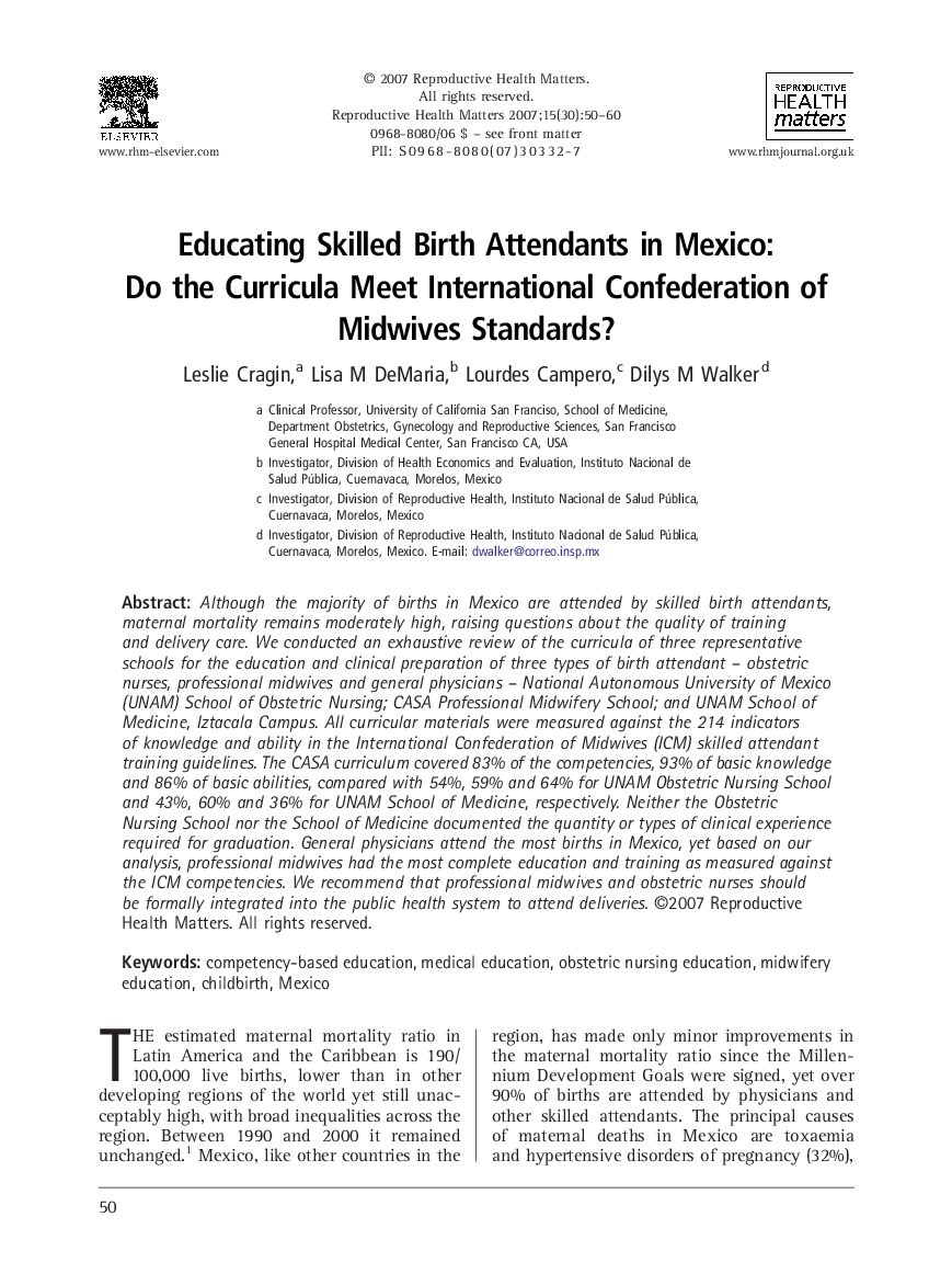 Educating Skilled Birth Attendants in Mexico: Do the Curricula Meet International Confederation of Midwives Standards?