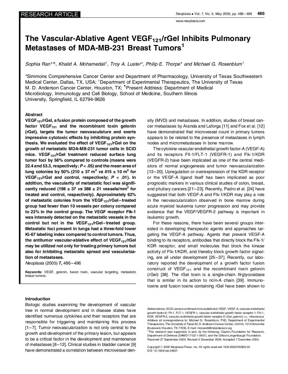 The Vascular-Ablative Agent VEGF121/rGel Inhibits Pulmonary Metastases of MDA-MB-231 Breast Tumors