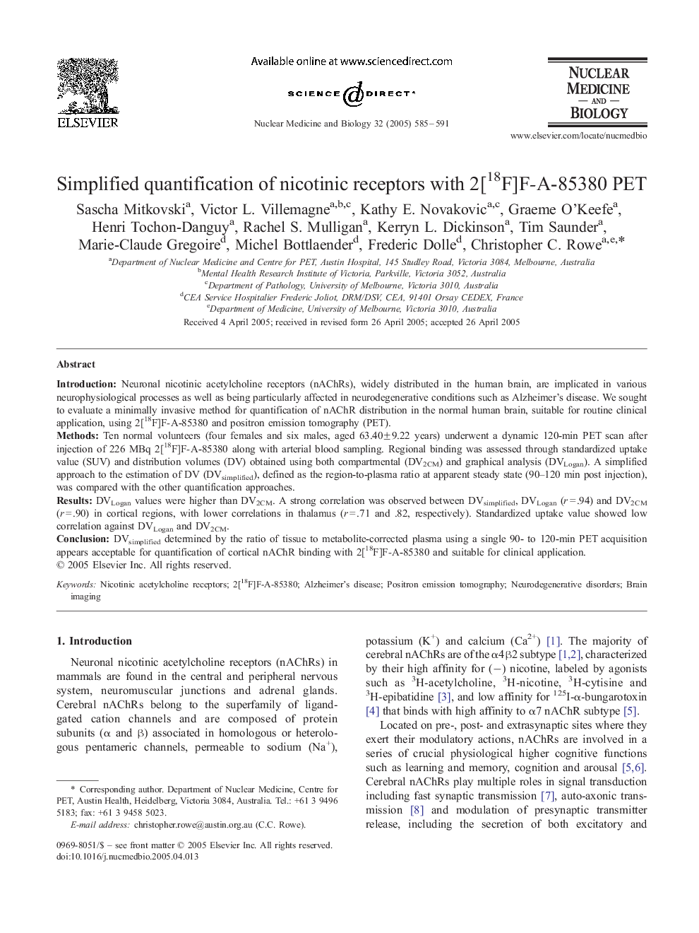 Simplified quantification of nicotinic receptors with 2[18F]F-A-85380 PET