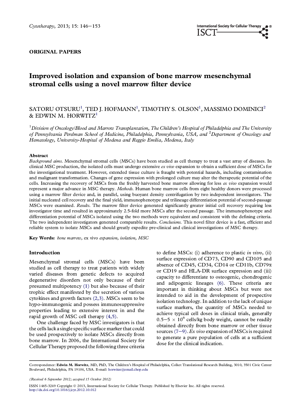 جداسازی و گسترش سلول های استرومای مزانشیمی مغز استخوان با استفاده از دستگاه فیلتر جدید مغز استخوان بهبود یافته است 