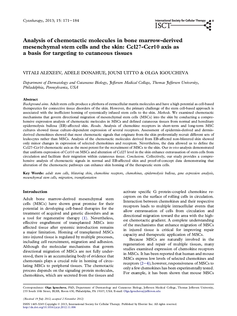 Analysis of chemotactic molecules in bone marrow-derived mesenchymal stem cells and the skin: Ccl27-Ccr10 axis as a basis for targeting to cutaneous tissues