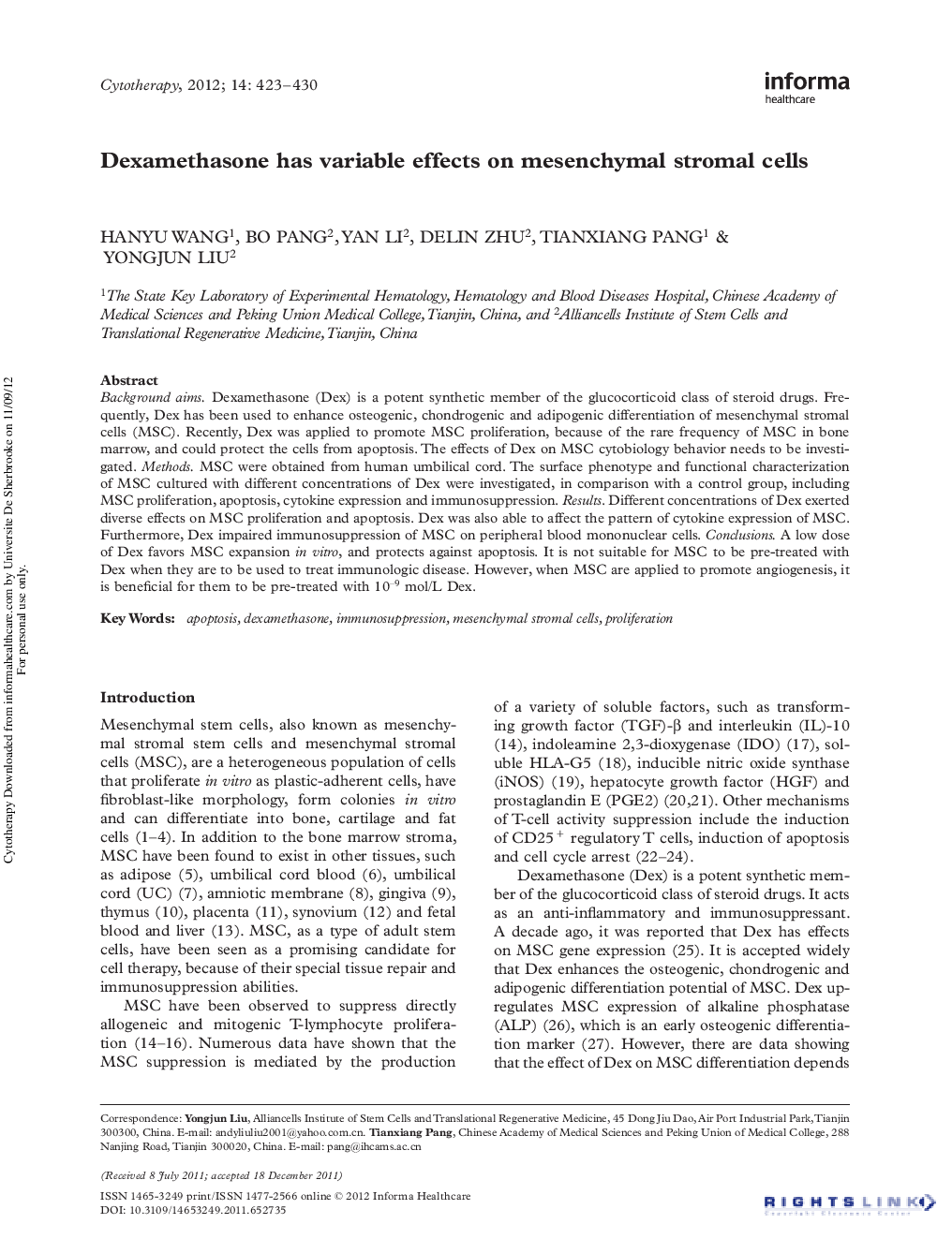 Dexamethasone has variable effects on mesenchymal stromal cells