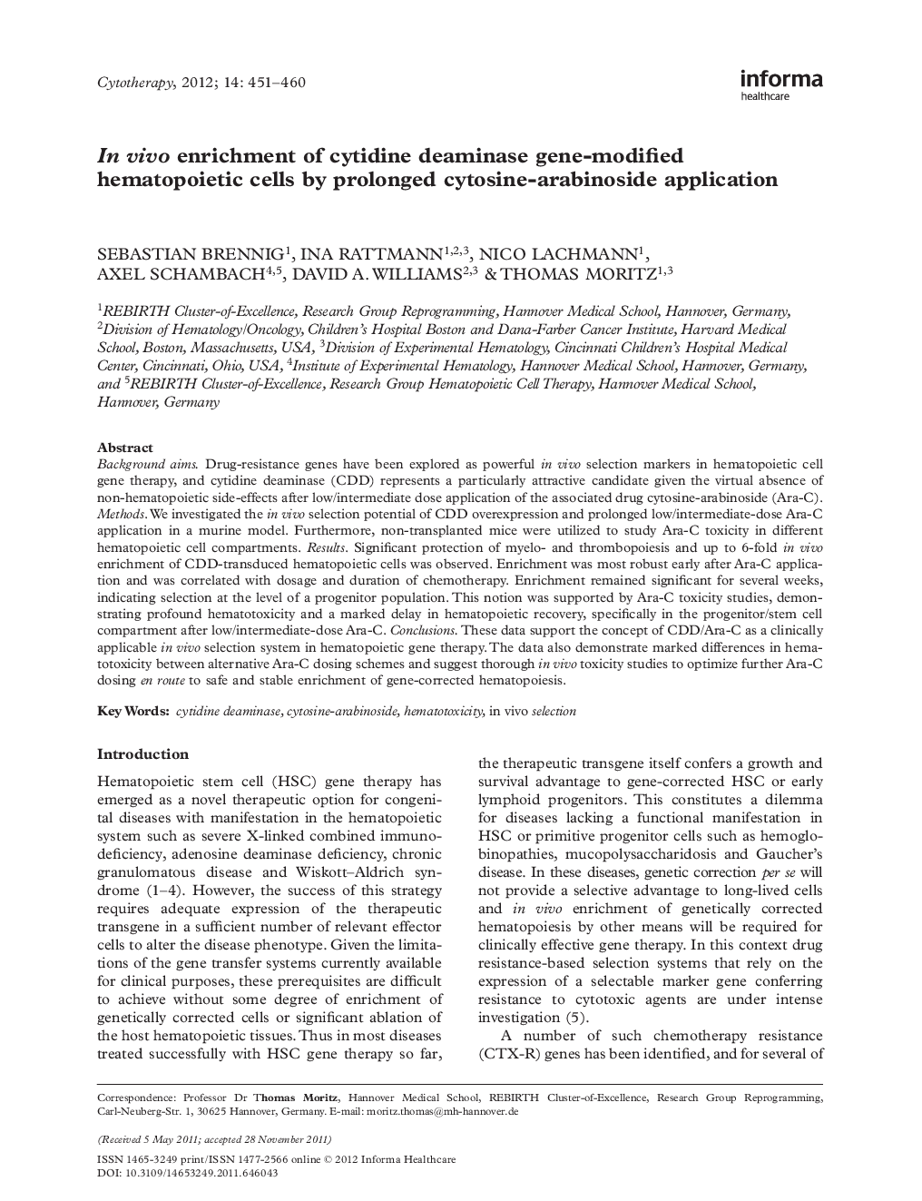 In vivo enrichment of cytidine deaminase gene-modified hematopoietic cells by prolonged cytosine-arabinoside application