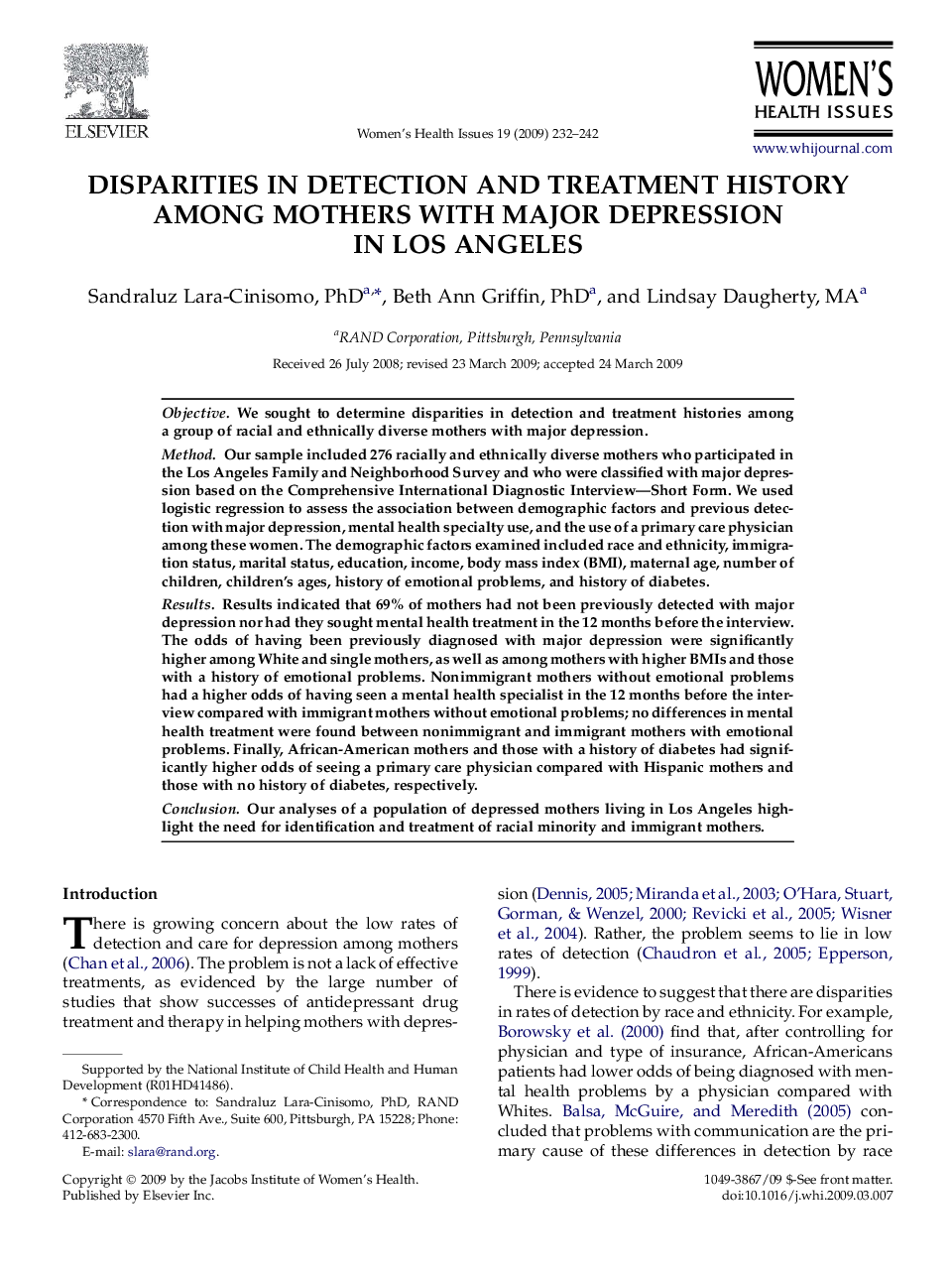 Disparities in Detection and Treatment History Among Mothers With Major Depression in Los Angeles 