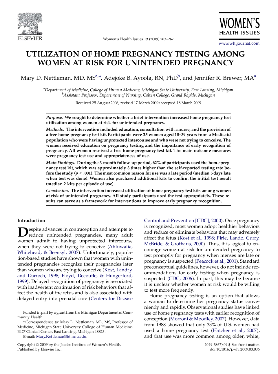 Utilization of Home Pregnancy Testing Among Women at Risk for Unintended Pregnancy