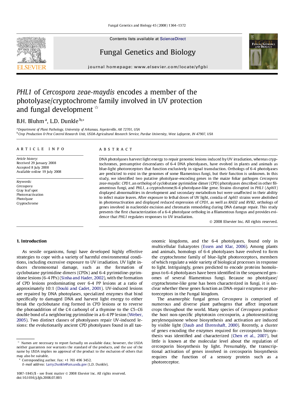 PHL1 of Cercospora zeae-maydis encodes a member of the photolyase/cryptochrome family involved in UV protection and fungal development