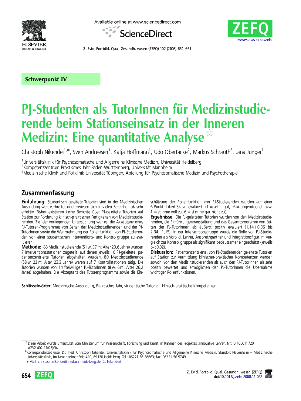 PJ-Studenten als TutorInnen für Medizinstudierende beim Stationseinsatz in der Inneren Medizin: Eine quantitative Analyse 