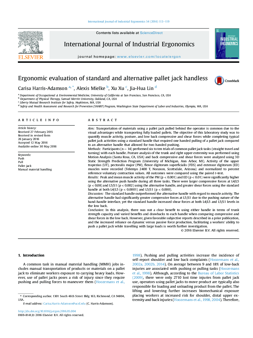 ارزیابی ارگونومیک از جک بی دست پالت استاندارد و جایگزین 