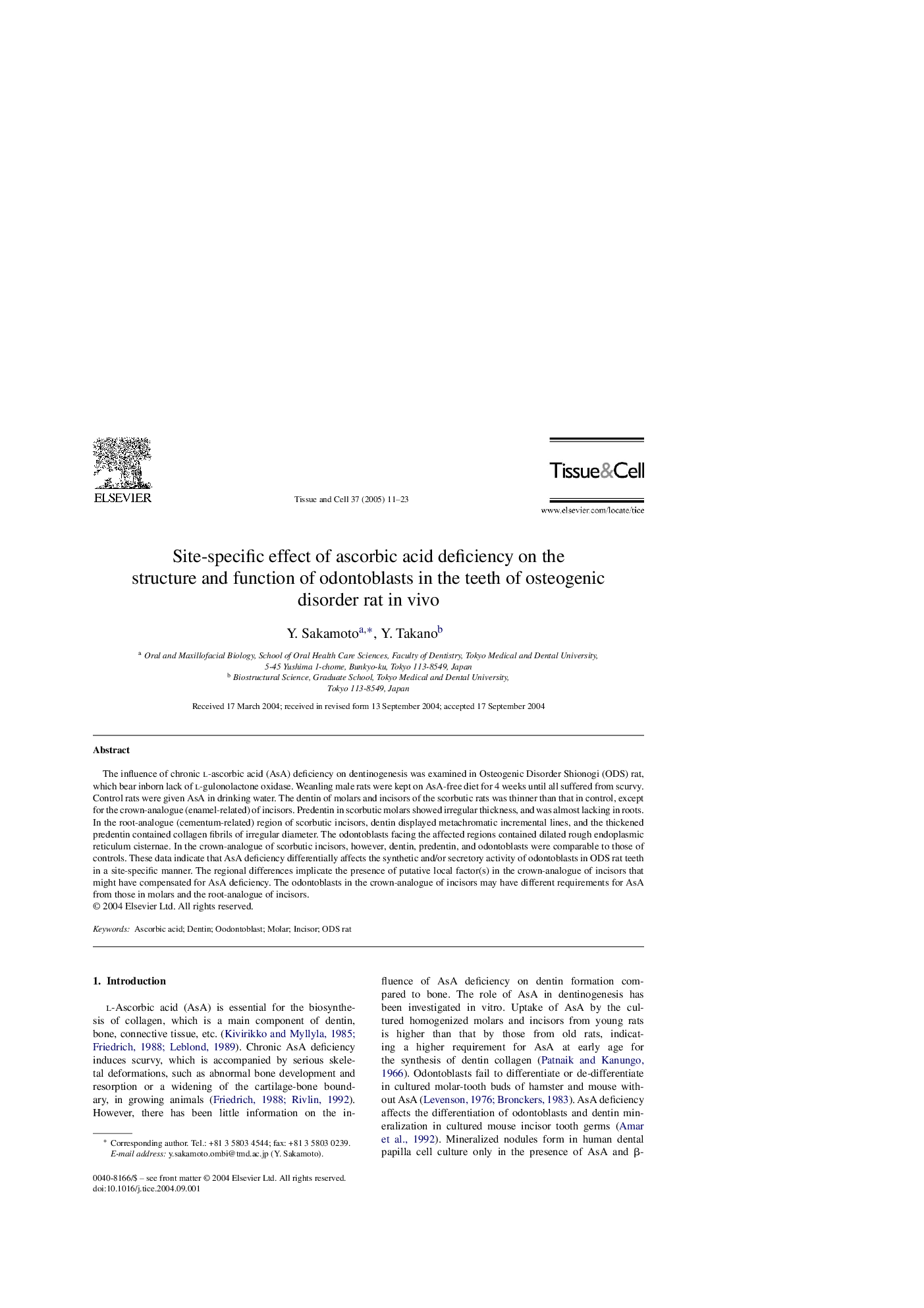 Site-specific effect of ascorbic acid deficiency on the structure and function of odontoblasts in the teeth of osteogenic disorder rat in vivo