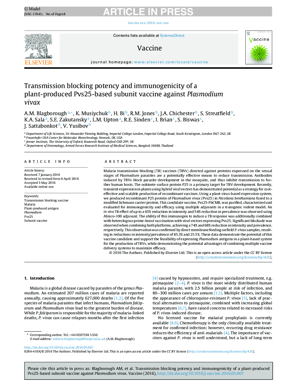 Transmission blocking potency and immunogenicity of a plant-produced Pvs25-based subunit vaccine against Plasmodium vivax