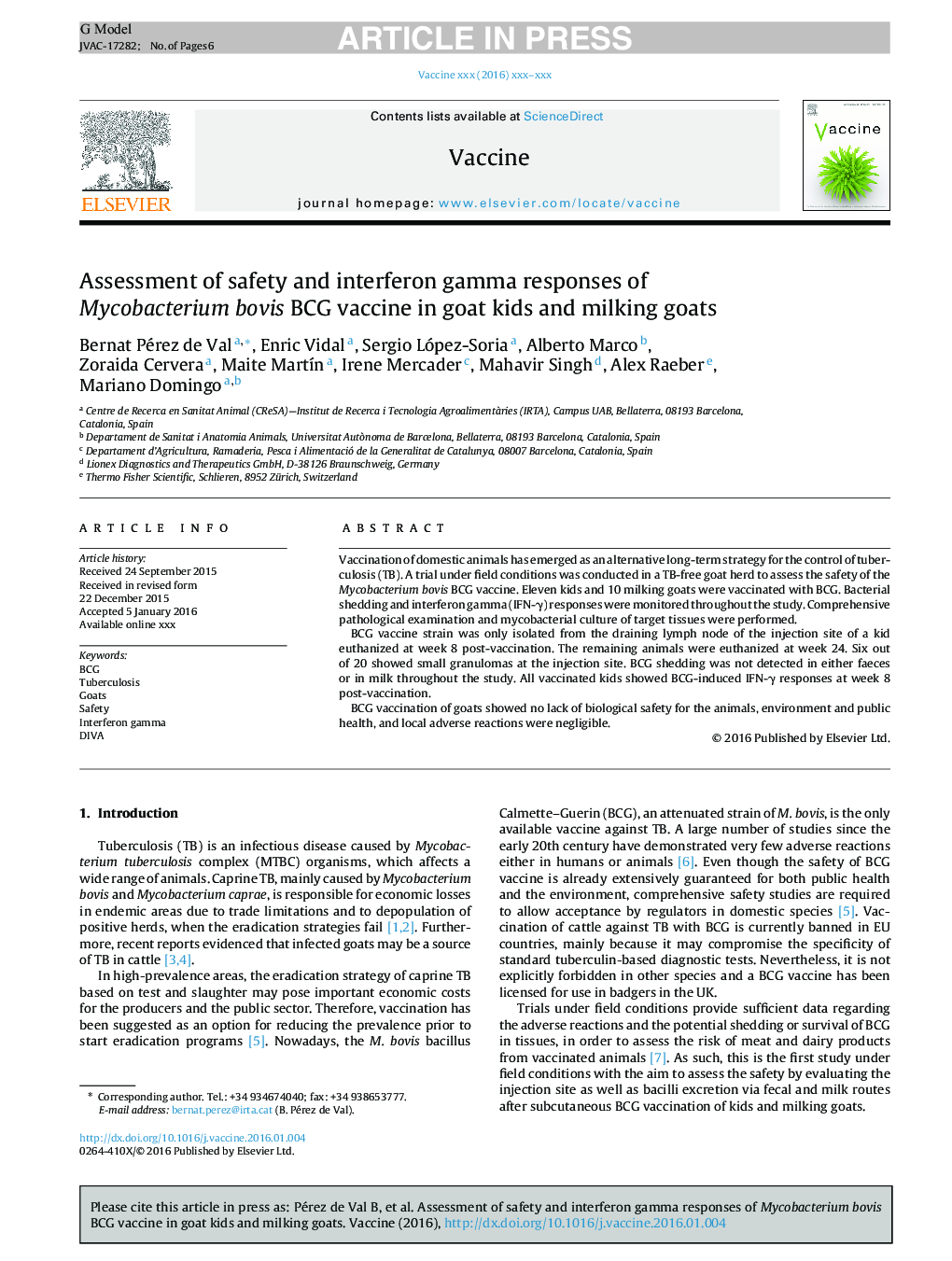 Assessment of safety and interferon gamma responses of Mycobacterium bovis BCG vaccine in goat kids and milking goats