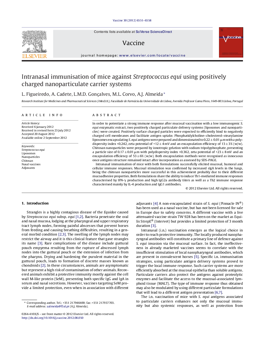 Intranasal immunisation of mice against Streptococcus equi using positively charged nanoparticulate carrier systems