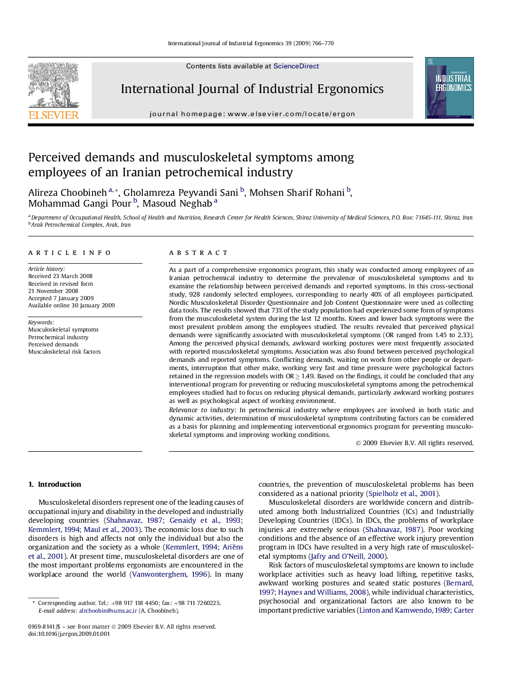 Perceived demands and musculoskeletal symptoms among employees of an Iranian petrochemical industry