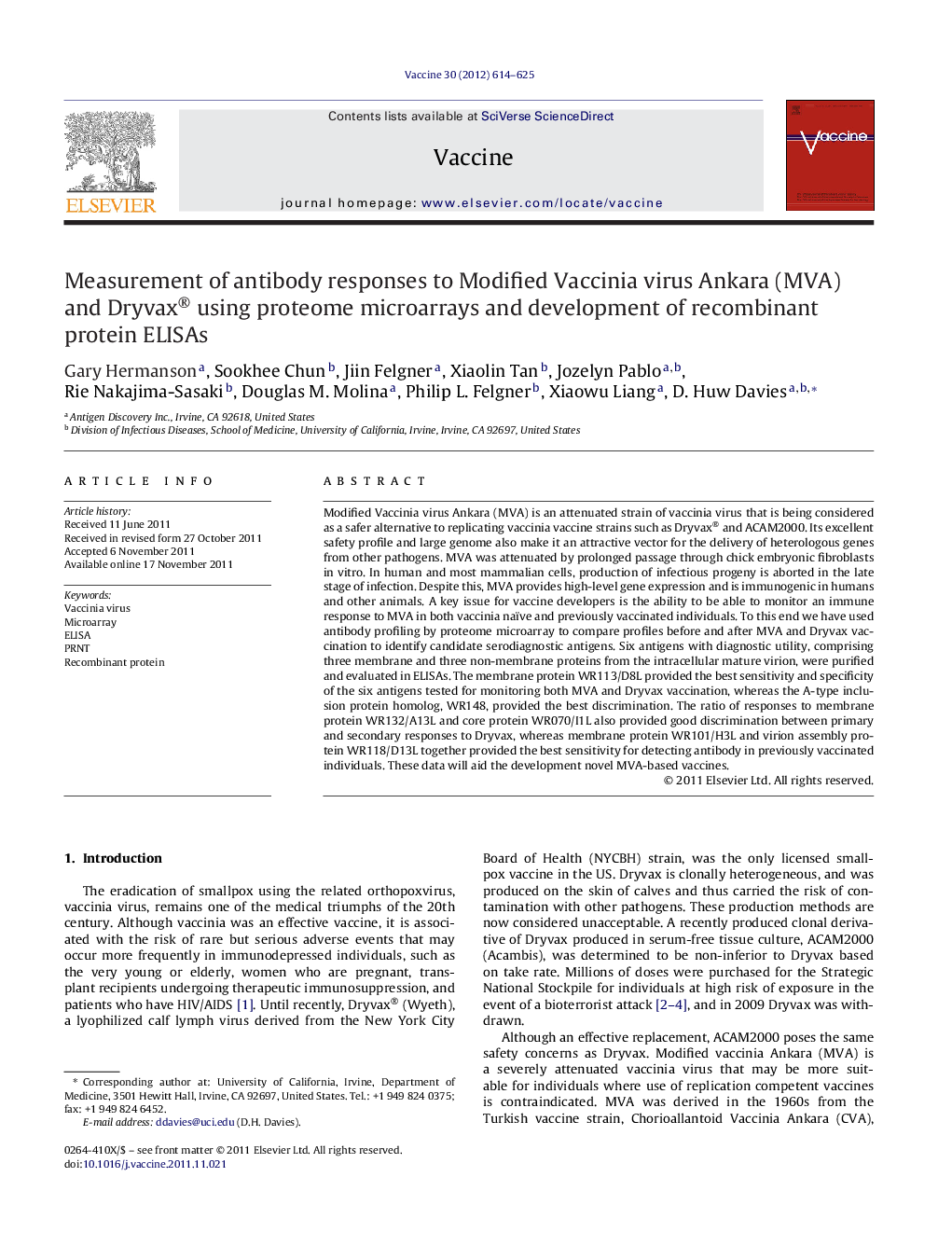 Measurement of antibody responses to Modified Vaccinia virus Ankara (MVA) and Dryvax® using proteome microarrays and development of recombinant protein ELISAs