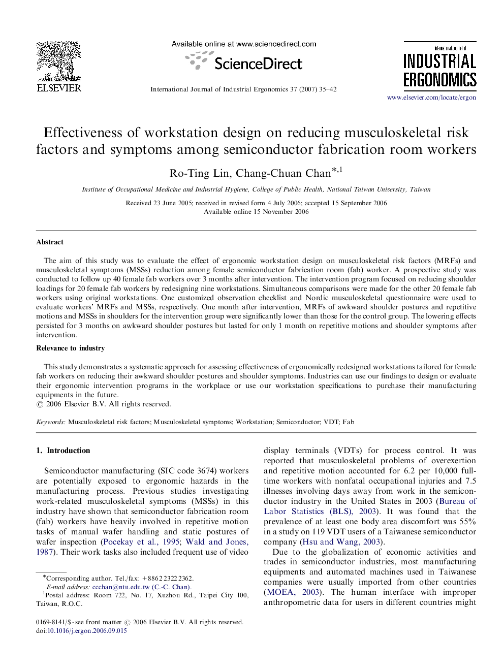 Effectiveness of workstation design on reducing musculoskeletal risk factors and symptoms among semiconductor fabrication room workers