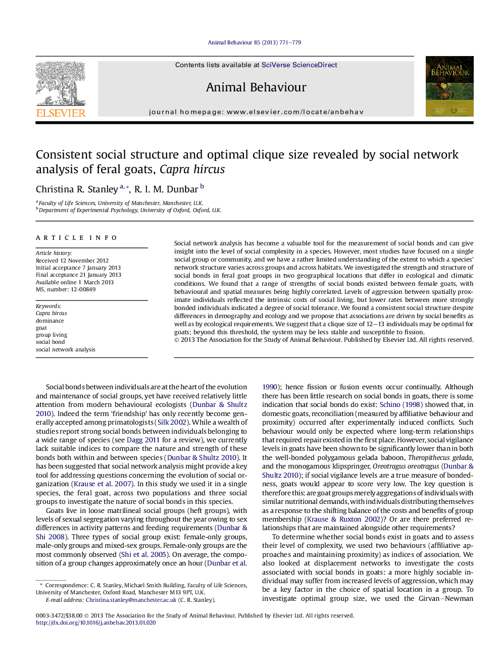 Consistent social structure and optimal clique size revealed by social network analysis of feral goats, Capra hircus