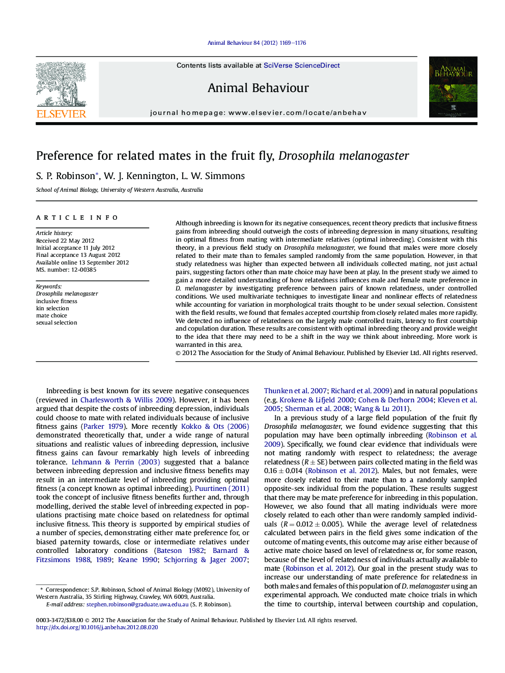 Preference for related mates in the fruit fly, Drosophila melanogaster